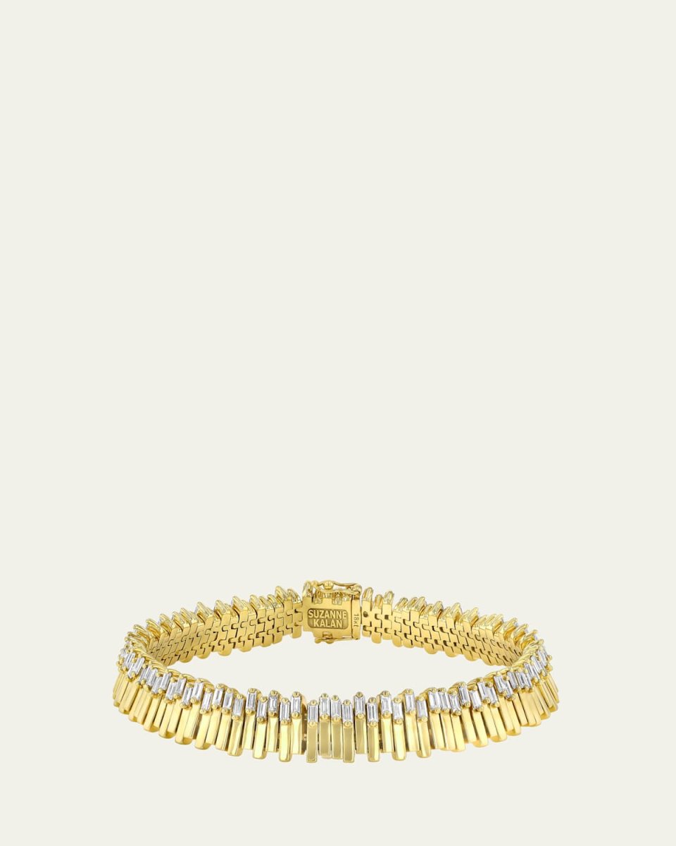 18K Yellow Gold Jagged Baguette Tennis Bracelet with White Diamonds
